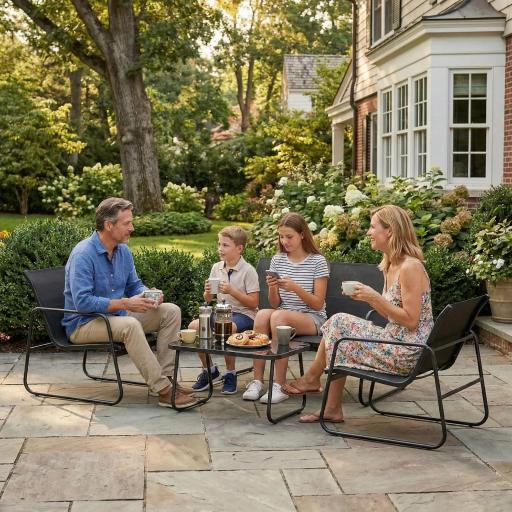 Conjunto Jardín Exterior de 4 Piezas con Sofá de 2 Plazas 2 Sillones Mesa de Vidrio Templado Tela Textilene Gris Oscuro [6]