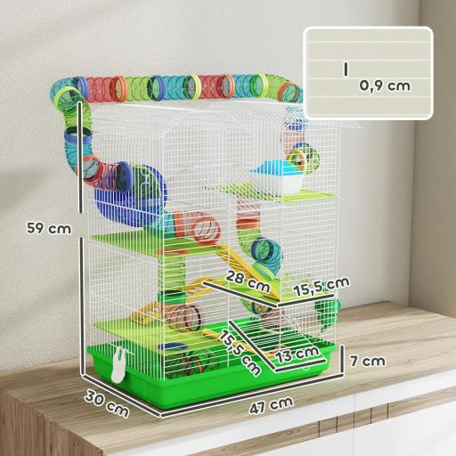 Jaula para Hámster de 5 Niveles 47x30x59 cm con Túnel Comedero Bebedero Casita Rueda de Ejercicio Escaleras Verde [1]