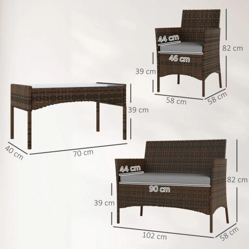 Conjunto Muebles Jardín de Ratán Sintético con Sofá Sillones y Mesa de Vidrio Templado y Cojines Marrón y Gris [1]