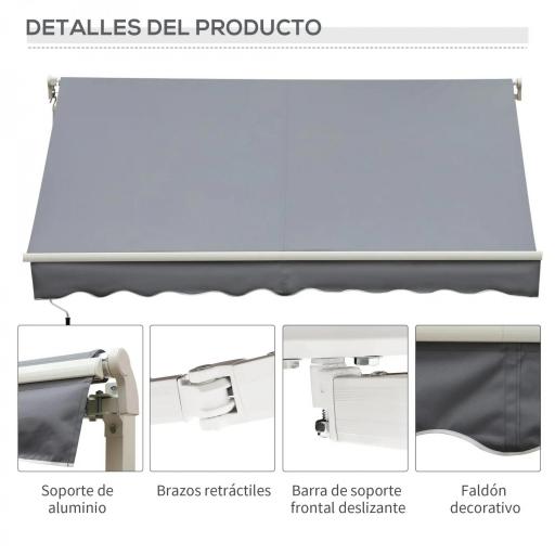 Toldo Manual Retráctil 3x2,5 cm, Toldo Exterior Terraza con Ángulo Ajustable, Brazo Articulado, Montaje a Pared, Estructura de Aluminio, Anti-UV e Impermeable, para Jardín, Gris [3]
