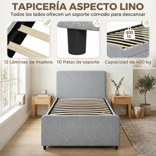 Cama Nido Individual 90x190 cm Estructura de Cama Tapizada en Lino con Cabecero y Piecero Listones de Madera Gris Claro [2]