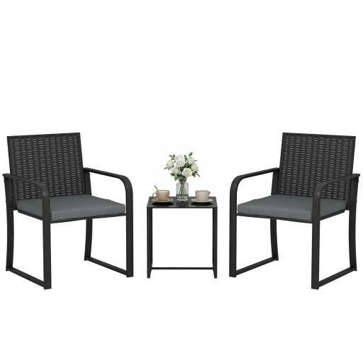 Conjunto de Muebles de Jardín de Ratán Sintético con 2 Sillas con Cojines y Mesa con Tablero de Vidrio Gris [9]