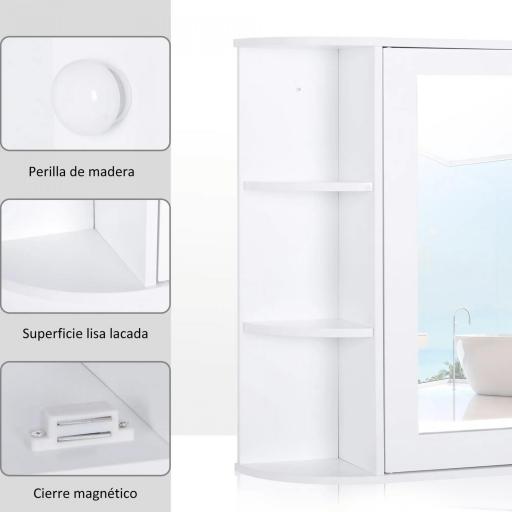 Armario de Baño con Espejo Mueble Colgante de Aseo con 1 Puerta 2 Estantes Interiores y 6 Estantes Laterales para Salón Cocina Dormitorio 66x17x63 cm Blanco [6]
