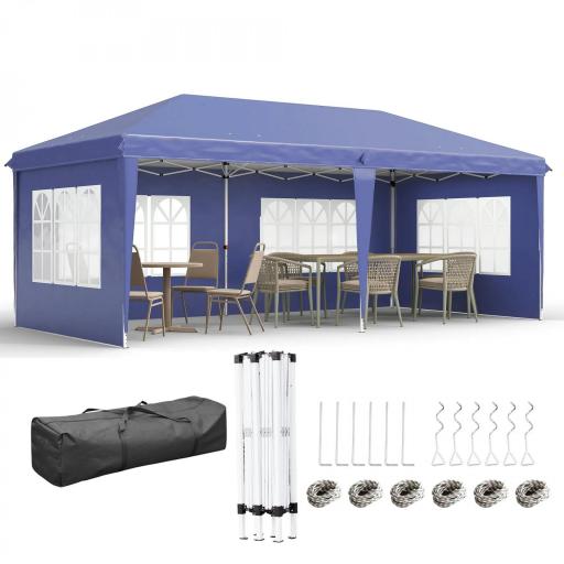 Carpa Plegable 6x3 m con 4 Laterales Desmontables Cenador de Jardín con 4 Ventanas Visibles y Bolsa de Transporte Azul [9]