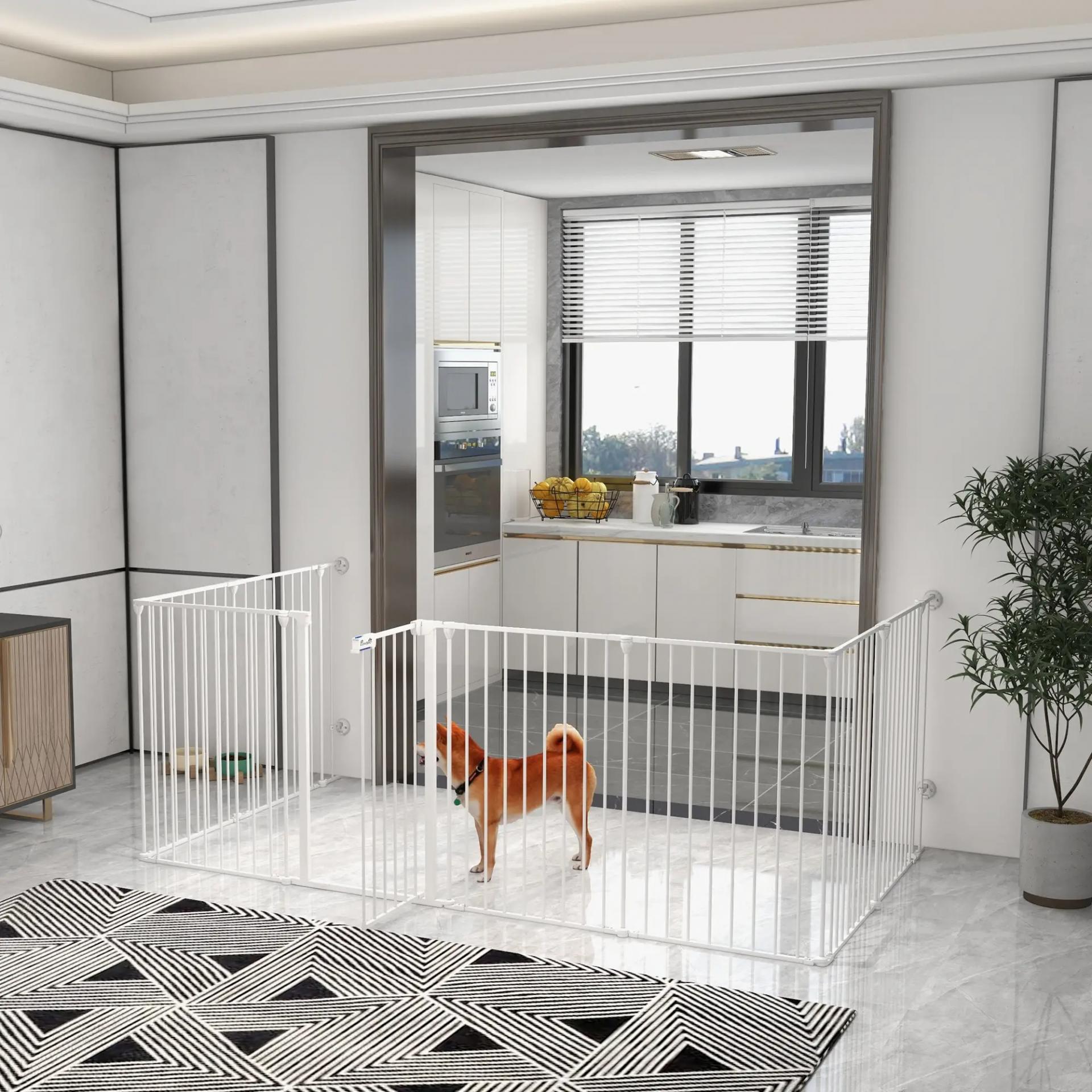 Corralito para Mascotas de 8 Paneles 64x90 cm con Doble Cerradura Función de Bloqueo Auxiliar y Forma Bricolaje Blanco