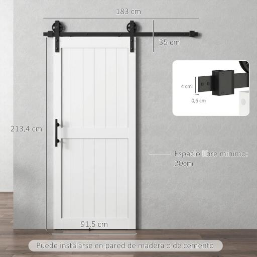 Puerta Corredera de Granero con Herrajes Manija Rodillo y Guía de Suelo Mejorados para Baño Salón 91,5x213,4 cm Blanco [5]