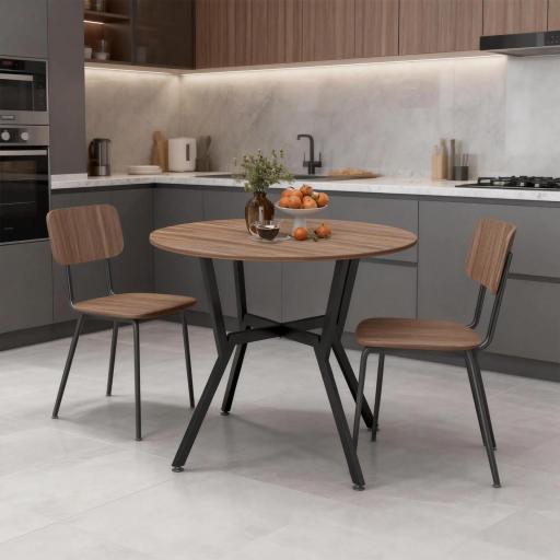 Mesa de Comedor Redonda de Estilo Industrial con Encimera de Madera y Marco de Acero Ø90x76 cm Marrón [2]