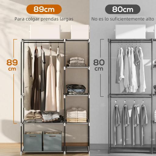 Armario de Ropa 182x43x185 cm Armario Abierto con 8 Estantes de Tela Barras para Colgar Marco de Metal Gris Claro [6]