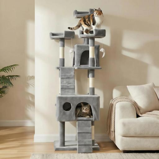 Árbol Rascador para Gatos Árbol para Gatos 153 cm con 2 Cuevas 3 Camas 2 Rampas Postes de Sisal Ratones Colgantes Gris