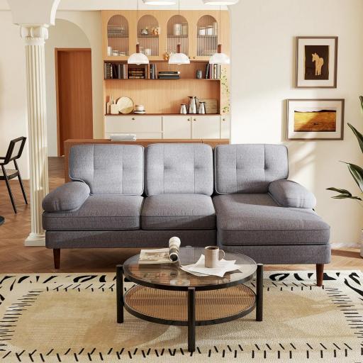 Sofá Esquinero de 3 Plazas Tapizado en Chenilla en Forma de L con Patas de Madera y Reposabrazos 215x142x88 cm Gris [5]
