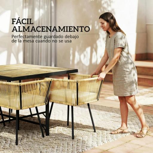 Conjunto de Mesa y Sillas Jardín de Ratán 5 Piezas con Mesa de Plástico-Madera 4 Sillas con Cojines Extraíbles Beige [2]