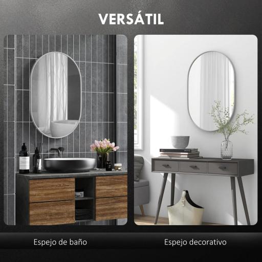 Espejo de Baño Ovalado 60x90 cm Espejo Decorativo de Pared con Marco de Aluminio para Salón Horizontal o Vertical Plata [2]