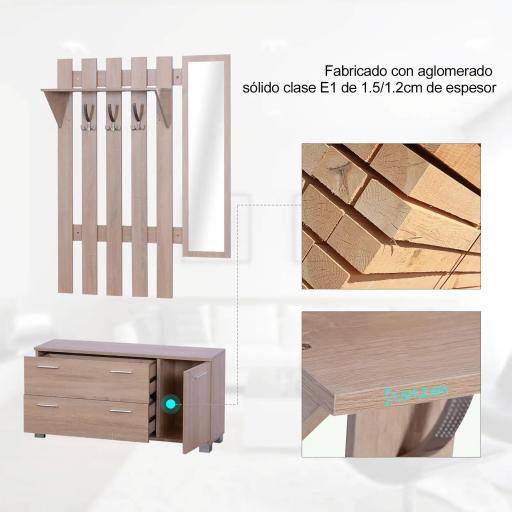 Conjunto de Recibidor de Entrada con Espejo Perchero Zapatero 3 Ganchos Estante y 2 Cajones para Pasillo Roble [6]