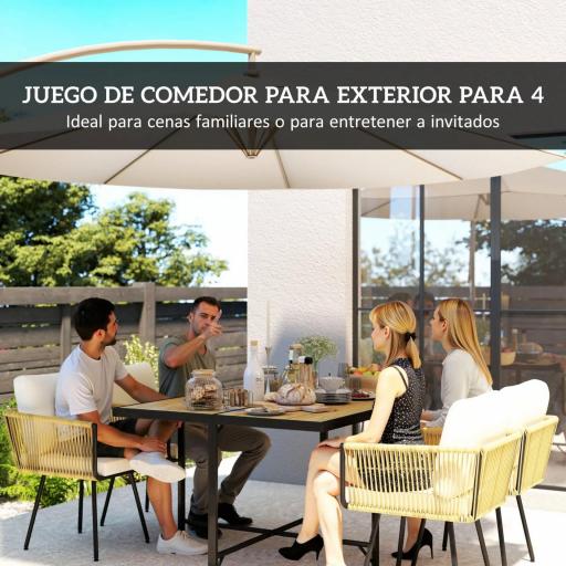 Conjunto de Mesa y Sillas Jardín de Ratán 5 Piezas con Mesa de Plástico-Madera 4 Sillas con Cojines Extraíbles Beige [4]