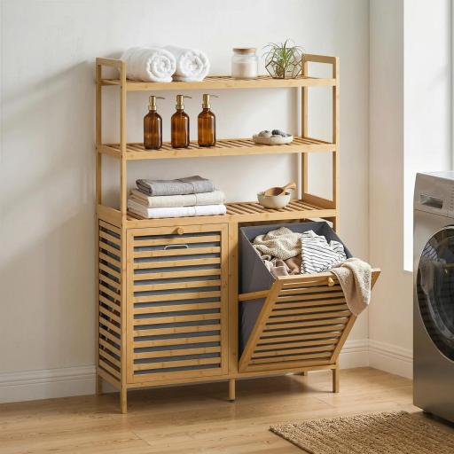 Mueble Ropa Sucia de Bambú con 2 Cestos para Ropa Sucia Inclinables 38,7 L y 3 Estantes 80x30x118 cm Roble [2]