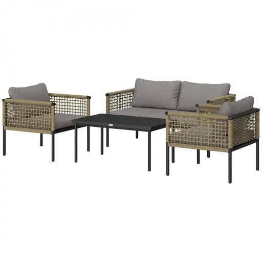Conjunto de Muebles de Jardín 4 Piezas con Sofá Sillones Mesa de Centro y Cojines Natural y Gris [8]