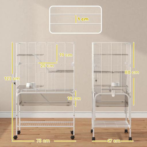 Jaula para Animales Pequeños de 4 Niveles con Ruedas Bandeja Profunda Rampas Plataformas y Comedero 73x47x123 cm Blanco [1]