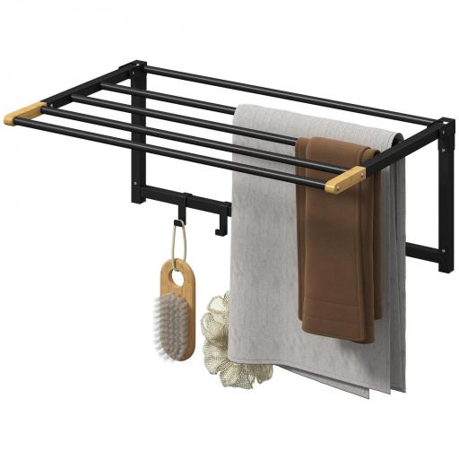 Toallero de Baño de Pared Toallero Plegable con 5 Barras y 6 Ganchos para Toallas Baño 60 cm Negro [6]