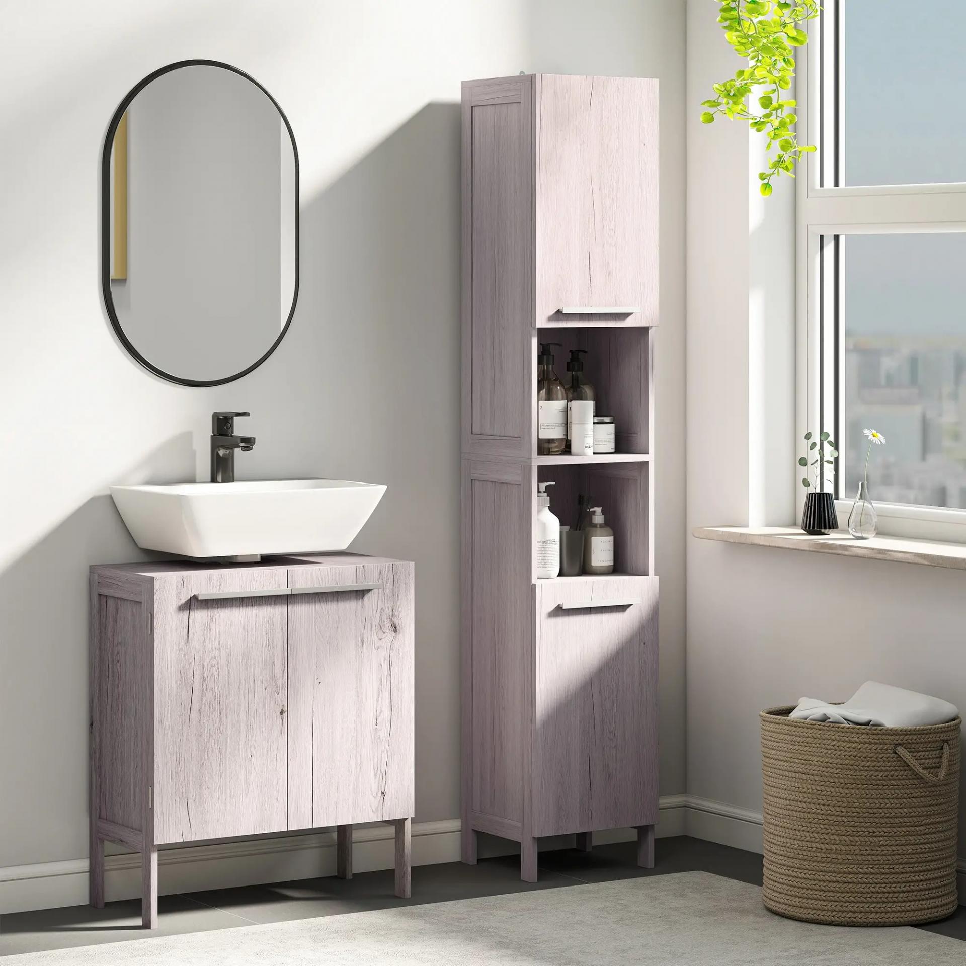 Columna de Baño Mueble Alto y Estrecho con Estantes Abiertos y 2 Armarios 30x32x172,5 cm Madera Grisácea
