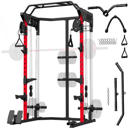 Jaula de Potencia Smith Machine, Rack para Sentadillas con Sistema Polea Ajustable Barra Dominadas y Estación de Fondos [7]