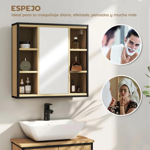Armario de Baño con Espejo Estante Ajustable y 6 Compartimentos Abiertos 60x16x58,5 cm Roble [2]