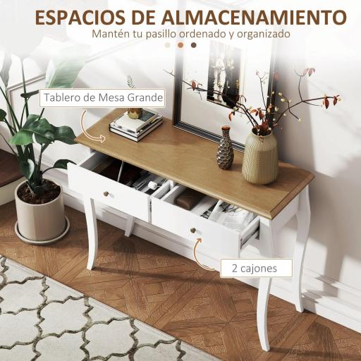 Mesa de Consola con 2 Cajones Estilo Francés para Pasillo Dormitorio Salón 100x35x76,5 cm Blanco y Marrón Oscuro [2]