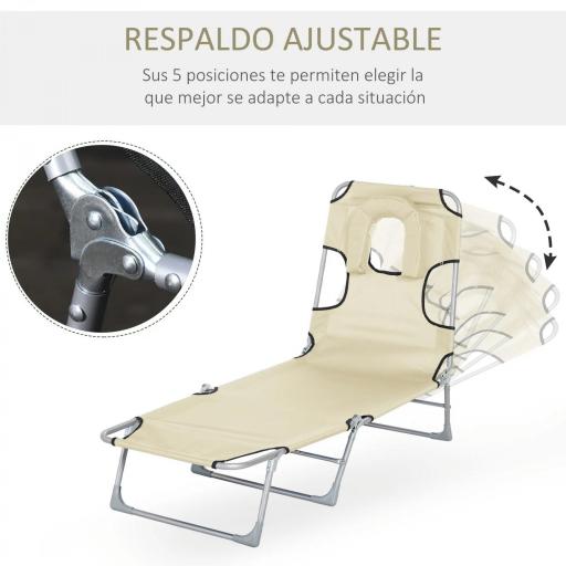 Tumbona Reclinable y Plegable de Jardín con Orificio de Lectura Reposacabezas y Respaldo Ajustable en 5 Niveles para Playa 182x56x28 cm Beige [6]