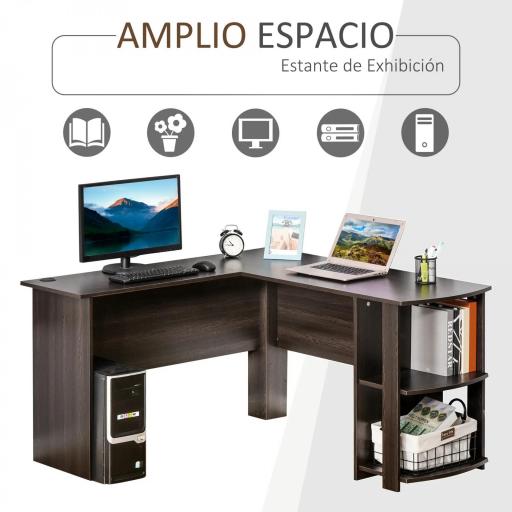 Mesa de Ordenador PC Escritorio para Oficina Hogar Tipo Esquinera Forma L con Estantes 136x130x72cm Madera [4]