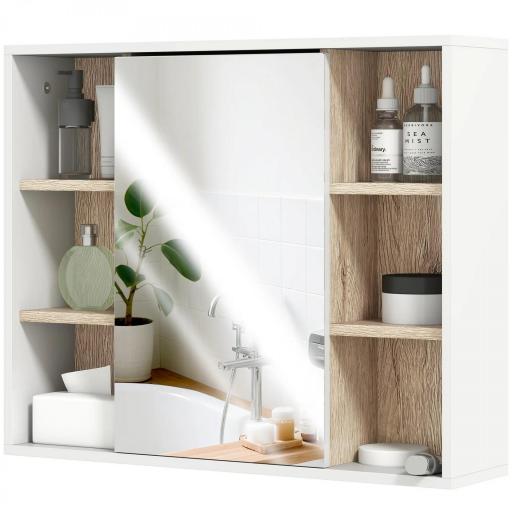 Armario Espejo con Espacio Interno con Estantes Ajustables Armario de Baño Montado en la Pared con Estantes Abiertos 60x14,5x49,4 cm Blanco y Roble [8]