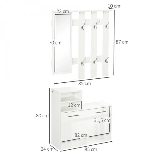 Recibidor con Espejo Perchero y Zapatero Muebles de Entrada con 6 Ganchos y Estantes para 8 Pares de Zapatos Blanco [1]