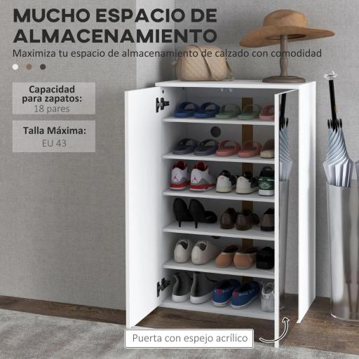 Mueble Zapatero con Espejo para 18 Pares de Zapatos con 5 Estantes Ajustables para Recibidor 60x32x95 cm Blanco [6]