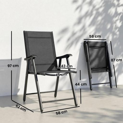 Conjunto de 4 Sillas de Jardín Exterior Plegables con Respaldo Alto y Reposabrazos para Terraza Playa 58x62x97 cm Negro [1]