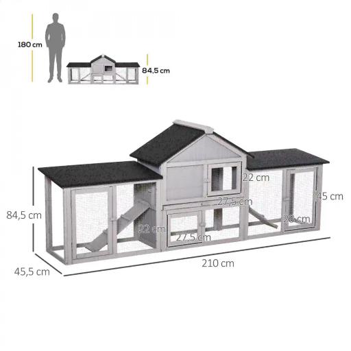 Conejera de Exterior Grande Jaula de Madera para 2-4 Conejos con Techo Asfáltico Recinto de Alambre Bandeja Extraíble y Rampas 210x45,5x84,5 cm Gris y Negro [1]