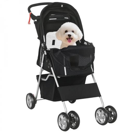 Carrito para Perros Pequeños con Toldo Ajustable Cesta de Almacenaje Portavasos y Ruedas 75x45x97 cm Negro [9]