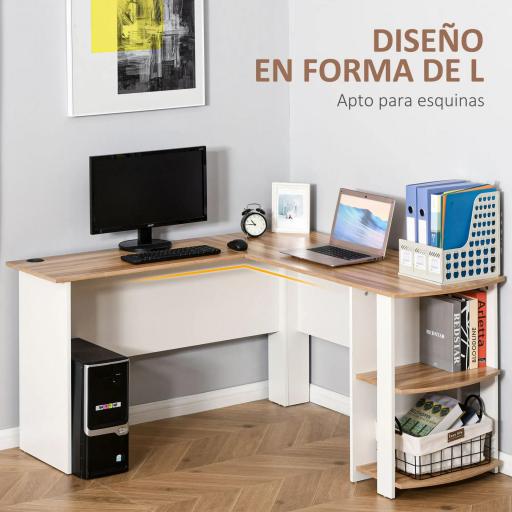 Mesa de Ordenador PC Escritorio con Estantes para Oficina Hogar Tipo Esquinera Forma L 136x130x72cm Madera [6]