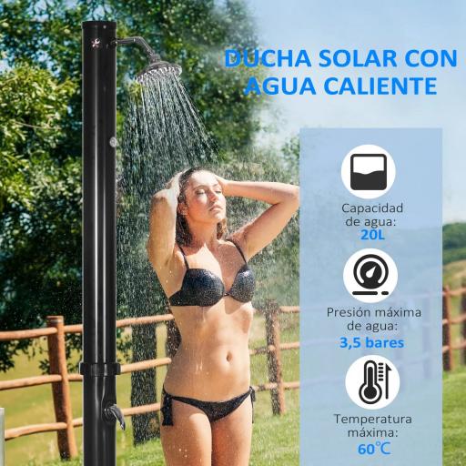 Ducha Solar de Jardín 20L con Cabezal de Ducha Redondo Grifo Agua Caliente Máx. 60℃ para Piscina 15,5x15,5x222 cm Negro [3]