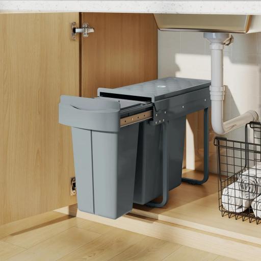 Cubo de Basura bajo Fregadero 2 Contenedores de Reciclaje Extraíble 20L+10L Deslizamiento Suave Gris [5]