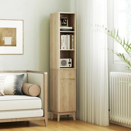 Columna Alta de Baño con Estantes y Cajón Diseño Compacto y Funcional para Espacios Reducidos 33x30x170 cm Tono Madera [6]