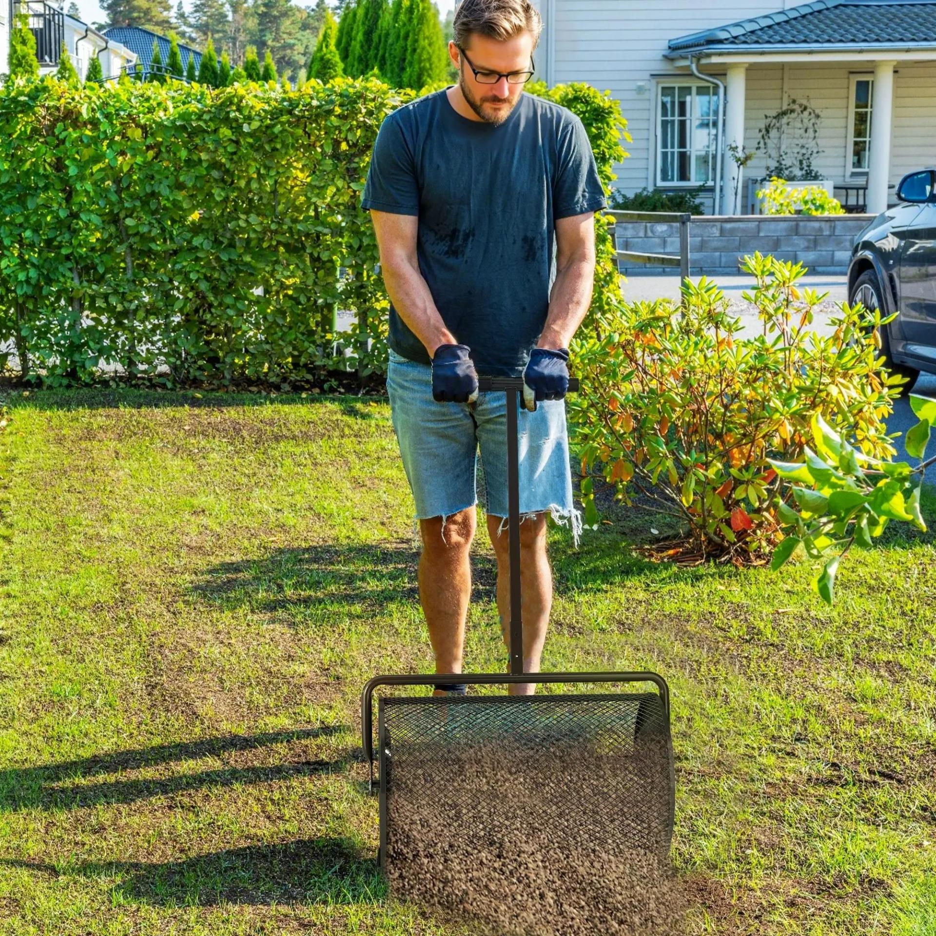 Esparcidor de Compost con Cesto de 75L Mango Ajustable y Diseño Resistente para Jardinería y Césped 70x40x112 cm Negro
