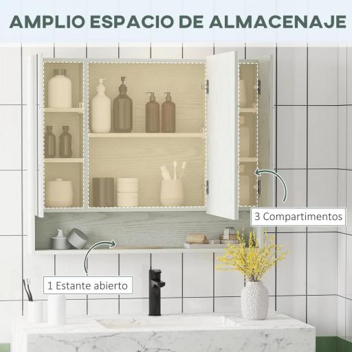 Armario de Baño con Espejo 3 Puertas Estante Ajustable y Compartimento 90x15x75 cm Blanco [10]