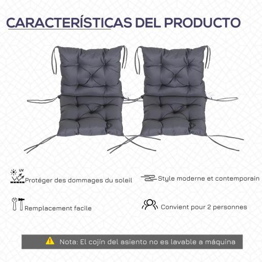 Conjunto de 2 Cojines para Silla 50x98x8 cm con Respaldo 6 Cordones de Fijación para Jardín Terraza Balcón Gris Oscuro [1]