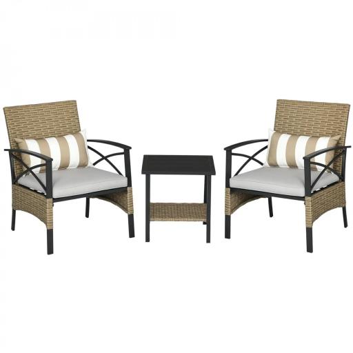 Conjunto Mesa y 2 Sillas de Jardín de Ratán Sintético con 2 Cojines Decorativos 46x46x48 cm y 59x71x80 cm Marrón [7]