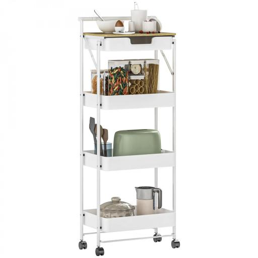 Carrito Auxiliar con Ruedas de 4 Niveles con Cajón Encimera y Cestas de Rejilla para Dormitorio Baño Cocina Blanco [8]