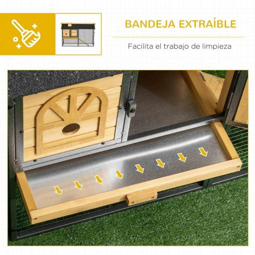 Conejera de Madera de 2 Niveles con Zona Abierta Techo Asfáltico y Bandeja Extraíble 120x55,5x80 cm Natural y Negro [4]