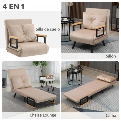 Sofá Cama Individual Plegable Silla Cama Convertible 4 en 1 Respaldo Ajustable de 5 Niveles y Almohada 63x73x81 cm Beige [2]