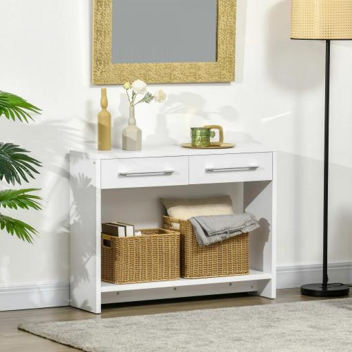 Mueble Recibidor de Entrada Mesa Consola con 2 Cajones y Estante para Pasillo Salón 101,6x28x76,2 cm Blanco