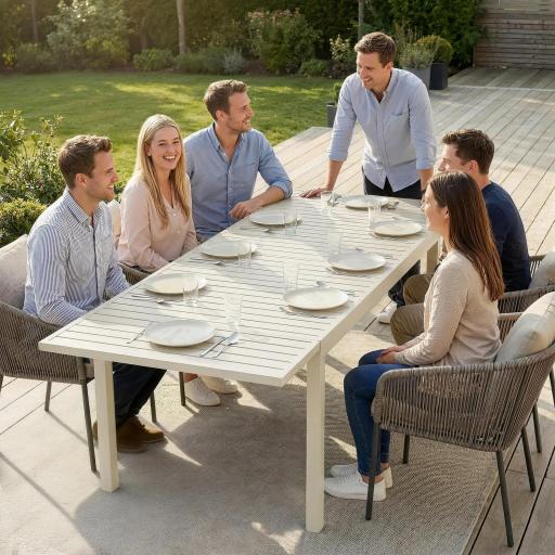 Mesa de Jardín Extensible 150/225x85x75 cm Mesa de Comedor de Aluminio con Tablero de Listones para 6-8 Personas Blanco [4]