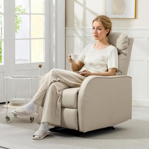 Sillón Relax Reclinable Sofá Relax Tapizado en PU con Reposapiés Retráctil para Dormitorio Salón 65x89x100 cm Crema