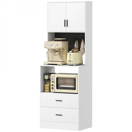 Mueble Auxiliar de Cocina con Soporte para Microondas 2 Cajones 2 Puertas y Panel Perforado de Metal Blanco [5]