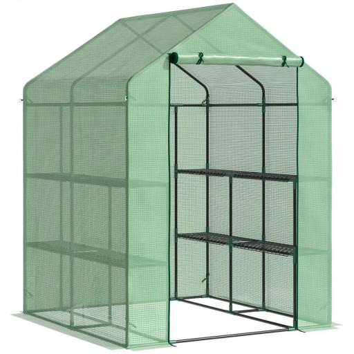 Invernadero de Jardín Tipo Caseta Invernadero de Exterior con 2 Niveles 4 Estantes Puerta Enrollable Marco de Acero y Cubierta de PE 140g/㎡ para Cultivos Plantas Macetas 143x138x190 cm Verde [6]